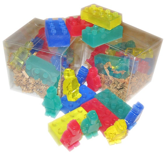 12 Lego Birthday Soap Party Favor Bags with Tags - Lego Bricks and Lego Men Soaps
