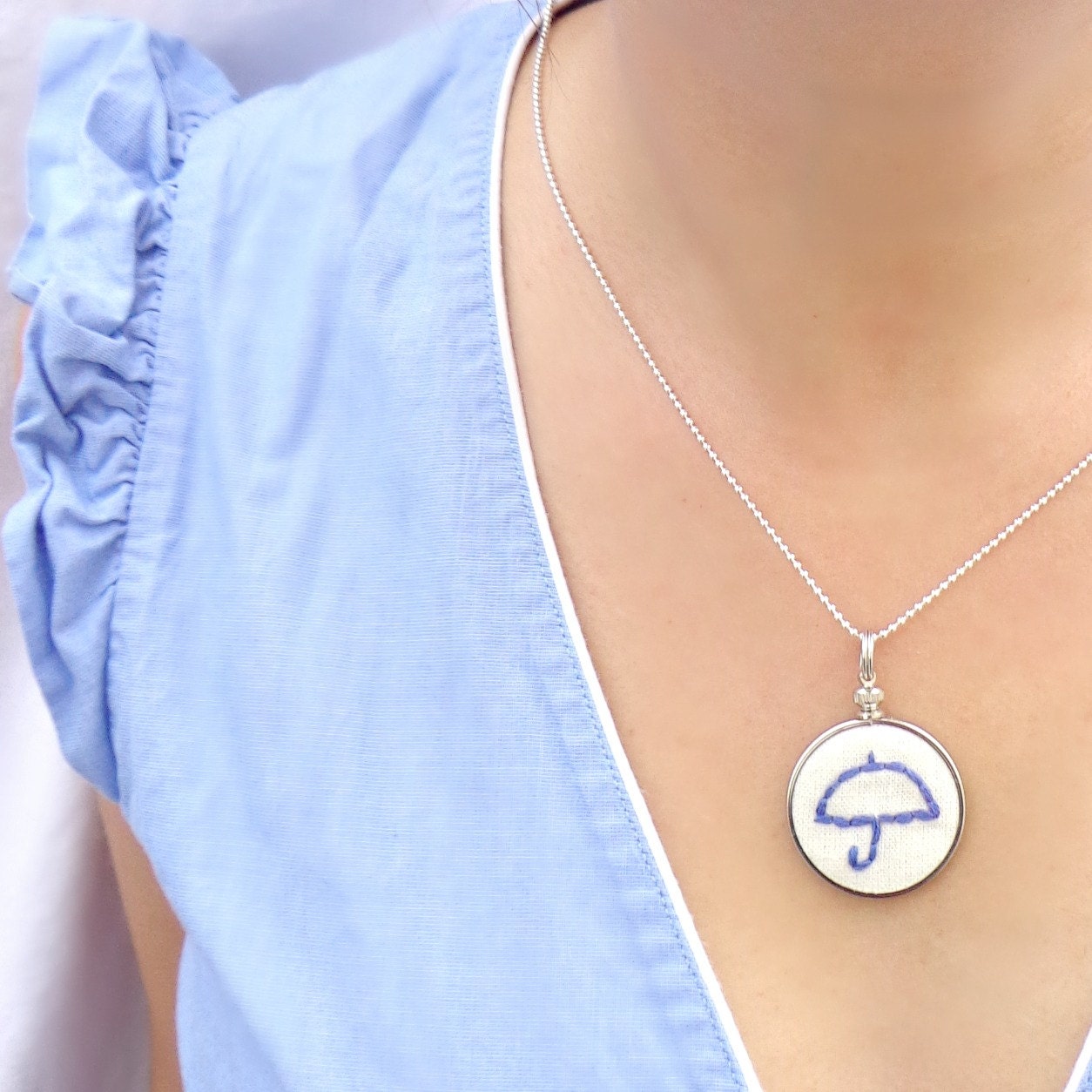 Tiny Embroidery Hoop Pendant , Embroidered Umbrella Necklace, Blue Umbrella Pendant, Metal Embroidery Hoop Jewelry
