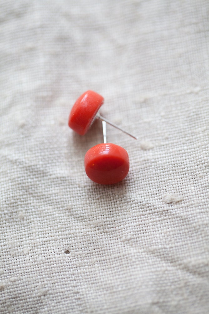 Glossy glass bead Earrings. stud . cutie pie . love . gift . choose your color . red