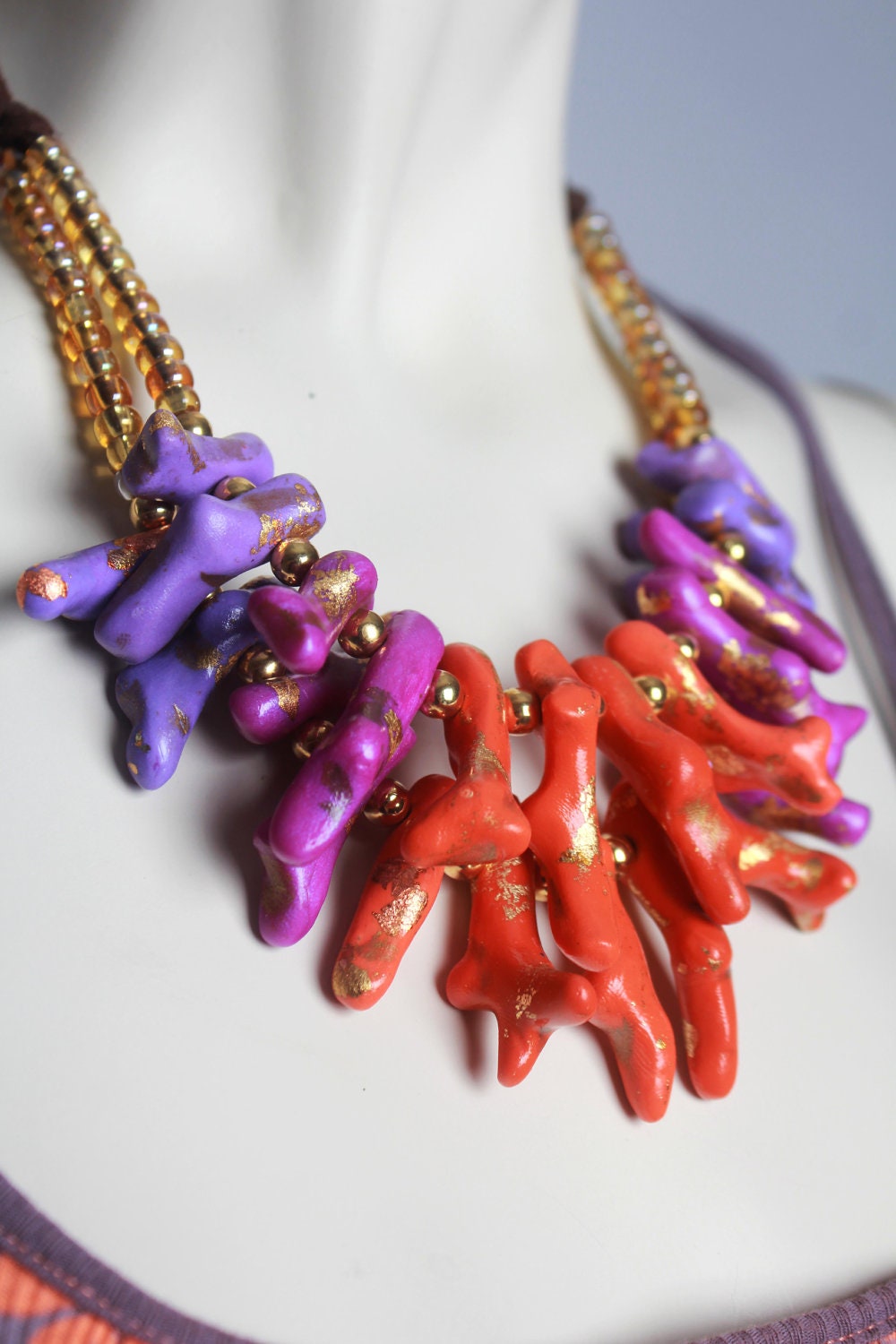 Coral Statement Necklace / Ombre Neon Orange and Purple Coral / Sunset Colors / Dip Dyed Inspired / Colorful Handmade Jewelry