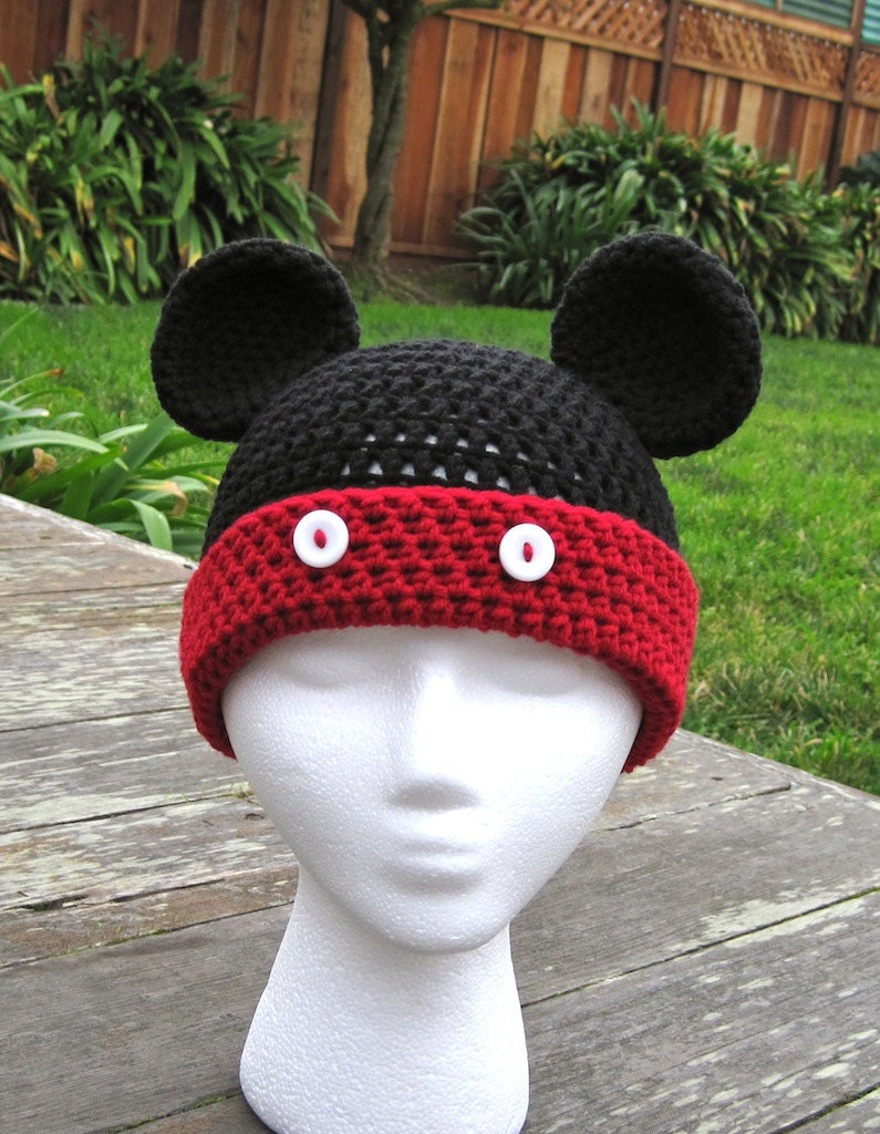 Pattern Mickey Mouse Stripe Crochet Beanie PDF Pattern - fun to make for Disneyland Disneyworld trip - beanie, earflap, braids, ties