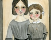 Sisters - An Illustrated Watercolor Victorian Girls Portrait Art Print (6 x 8)