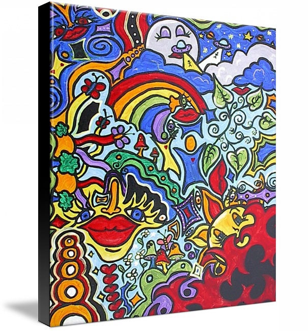 Abstract Giclee art Print on Stretched Canvas 8x10 Crazy Daze sun rainbow ufo mushroom clouds eyes