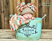 sale Crocheted Beanie Hat with pom-pom Taupe, Rodeo, Cream, Blue sky, Navy blue, Grape  for NEWBORN or 0-3 mo - Made To Order