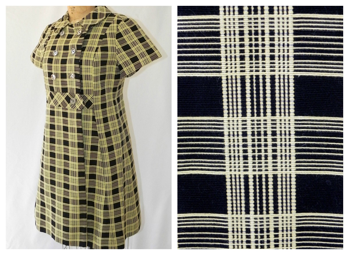vintage 1960s mod plaid coat dress // yellow and black // medium to large