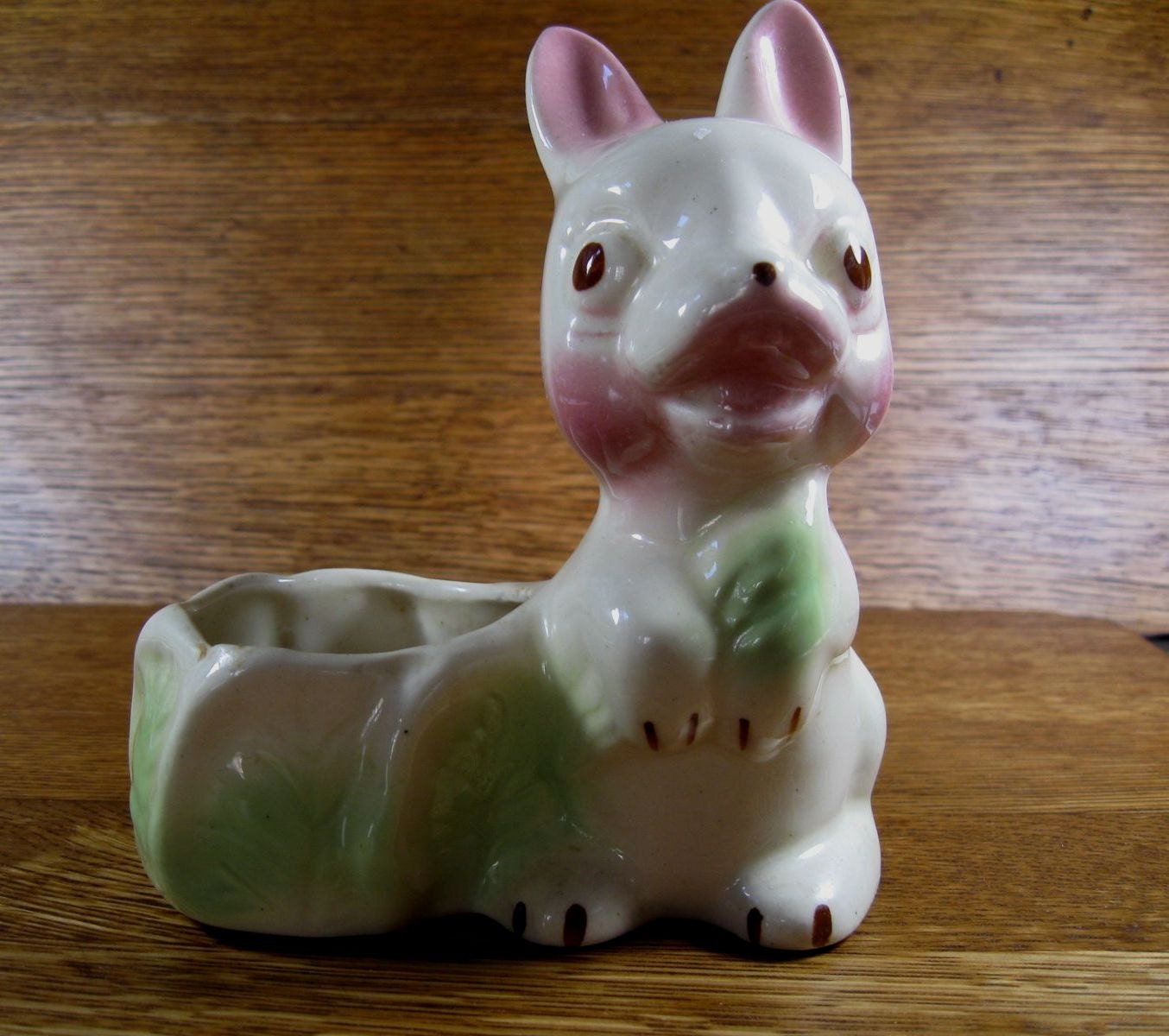 Vintage Ceramic Standing White Bunny Rabbit with Green Cabbage or Lettuce Planter