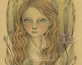 Print of Original Pencil Drawing, Girl Illustration, Woodland Fantasy - Among the Trees of Gold by Amalia K