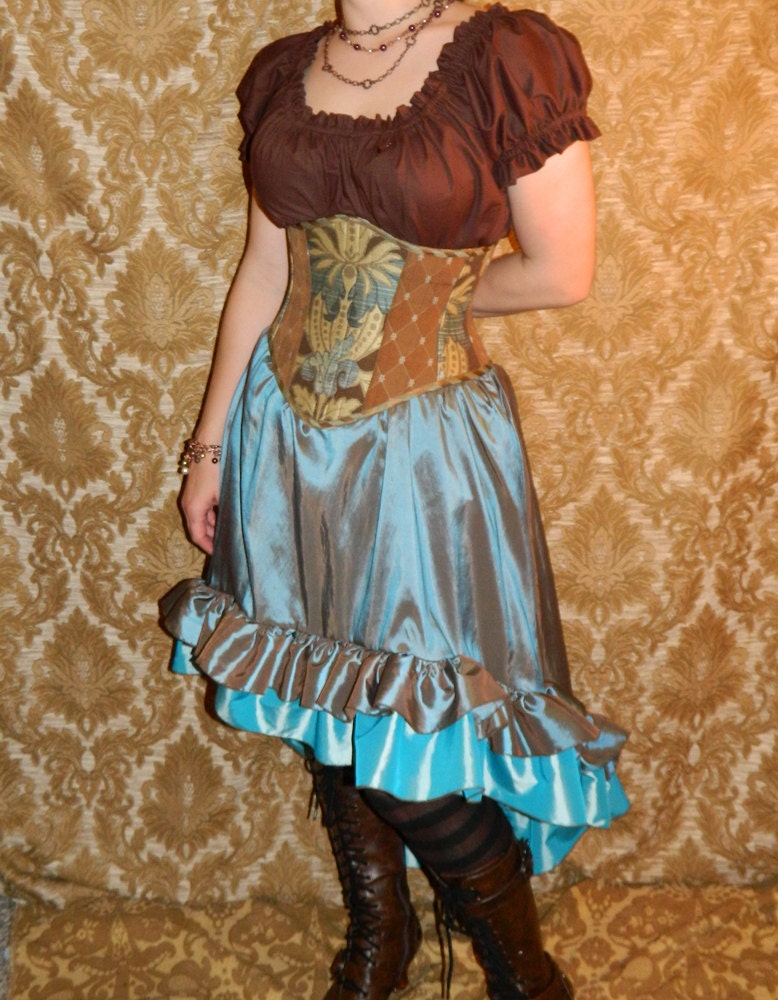 Patchwork Victorian Steampunk Waspie Corset - Deluxe - Brown, Seafoam, & Teal - Custom Sized