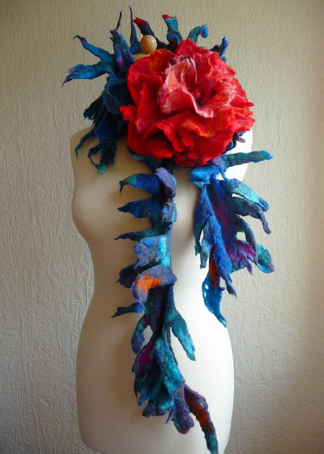 felted scarf , handmade, felt, wrap, turquoise, spiky, lagenlook, made to order