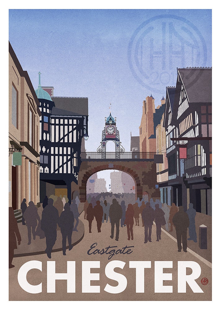 Retro Style Chester Eastgate Print - A3 Unframed