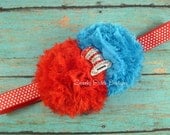 Red and Turquoise Shabby Chiffon Puff Headband - Dr. Seuss Color Scheme - Toddler, Girl, Teen, Photo Prop