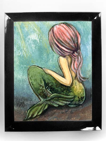 Pink Mermaid Art, 8x10 Print, Fairy Tale Artwork, 8x10 Wall Decor, Green Fish Tail, Portrait Illustration, Pink Hair