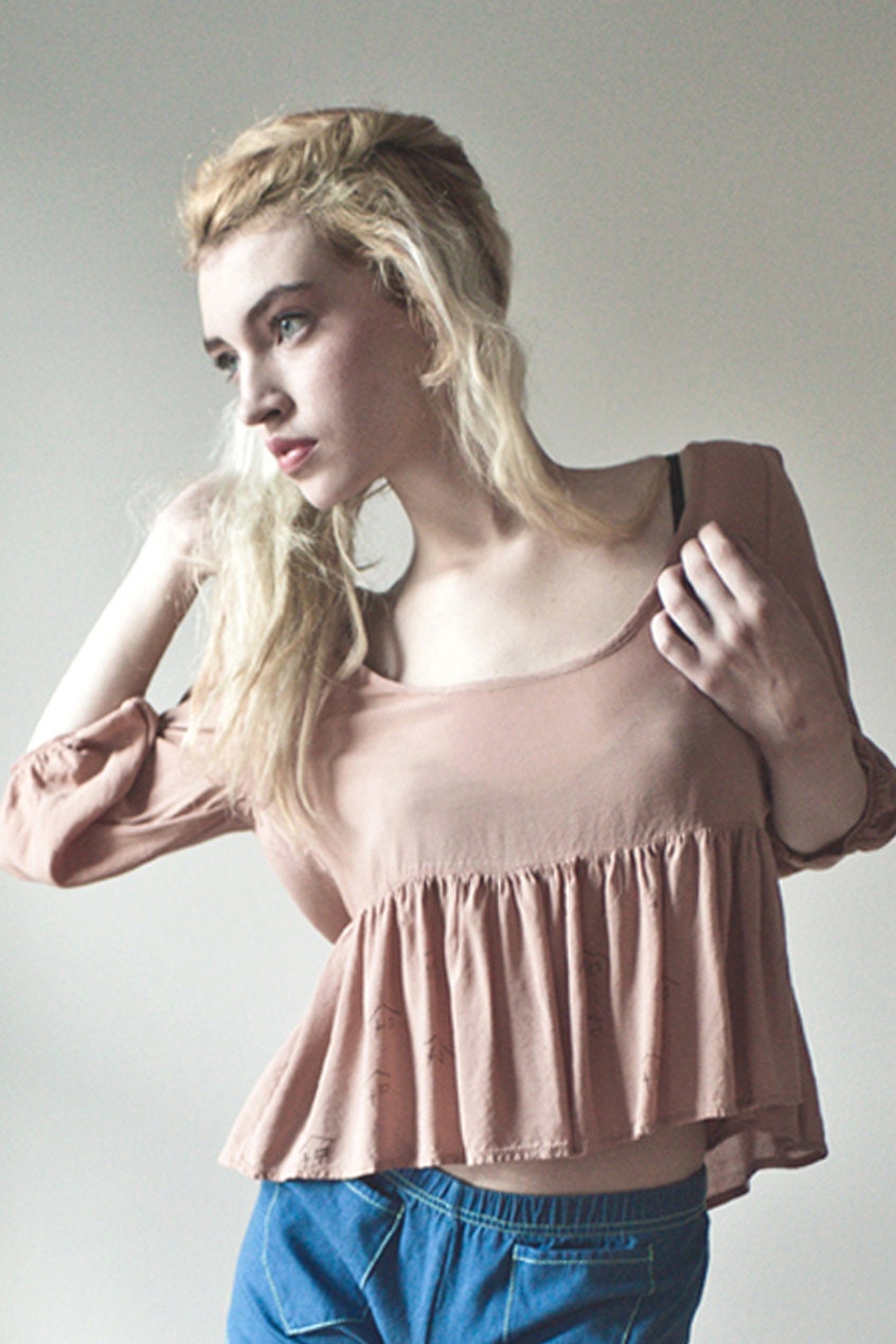 SALE: Dusty Coral Flowy Crop Top- Little Houses Print, Medium, Large