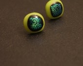 Lime Green w/ Dichroic Teal Swirl (Glass-Fused) Post Earrings