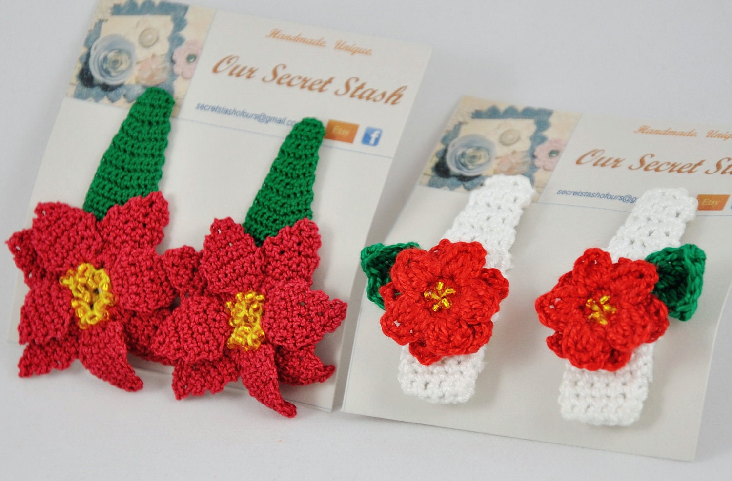 Set of 2 PAIRS of Crochet-covered Snap Clips for Christmas with Crocheted Beaded Poinsettias