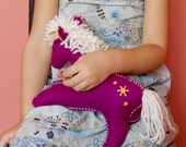 Large Felt Horse, Waldorf Toy, Hand Stitched Plush Pony, Wool Felt Stuffed Animal, Pink with White and Yellow