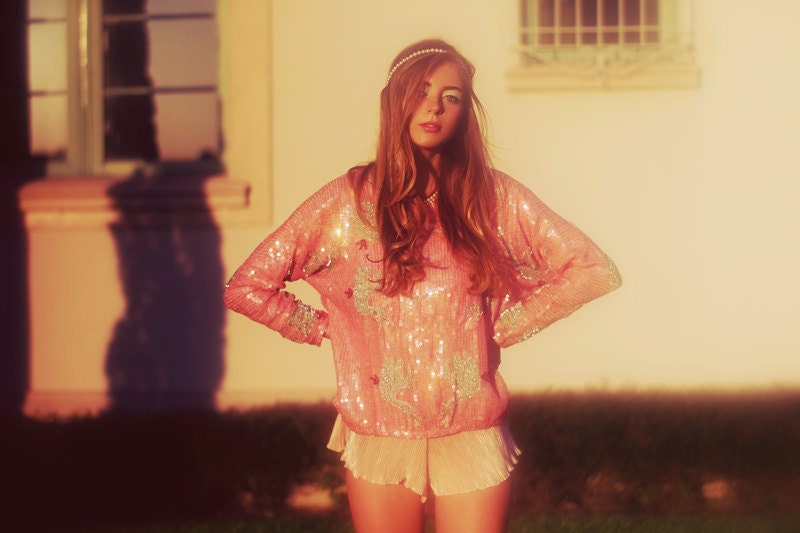 Vintage 1980s Pastel Pink Silver Swan Sequin Blouse