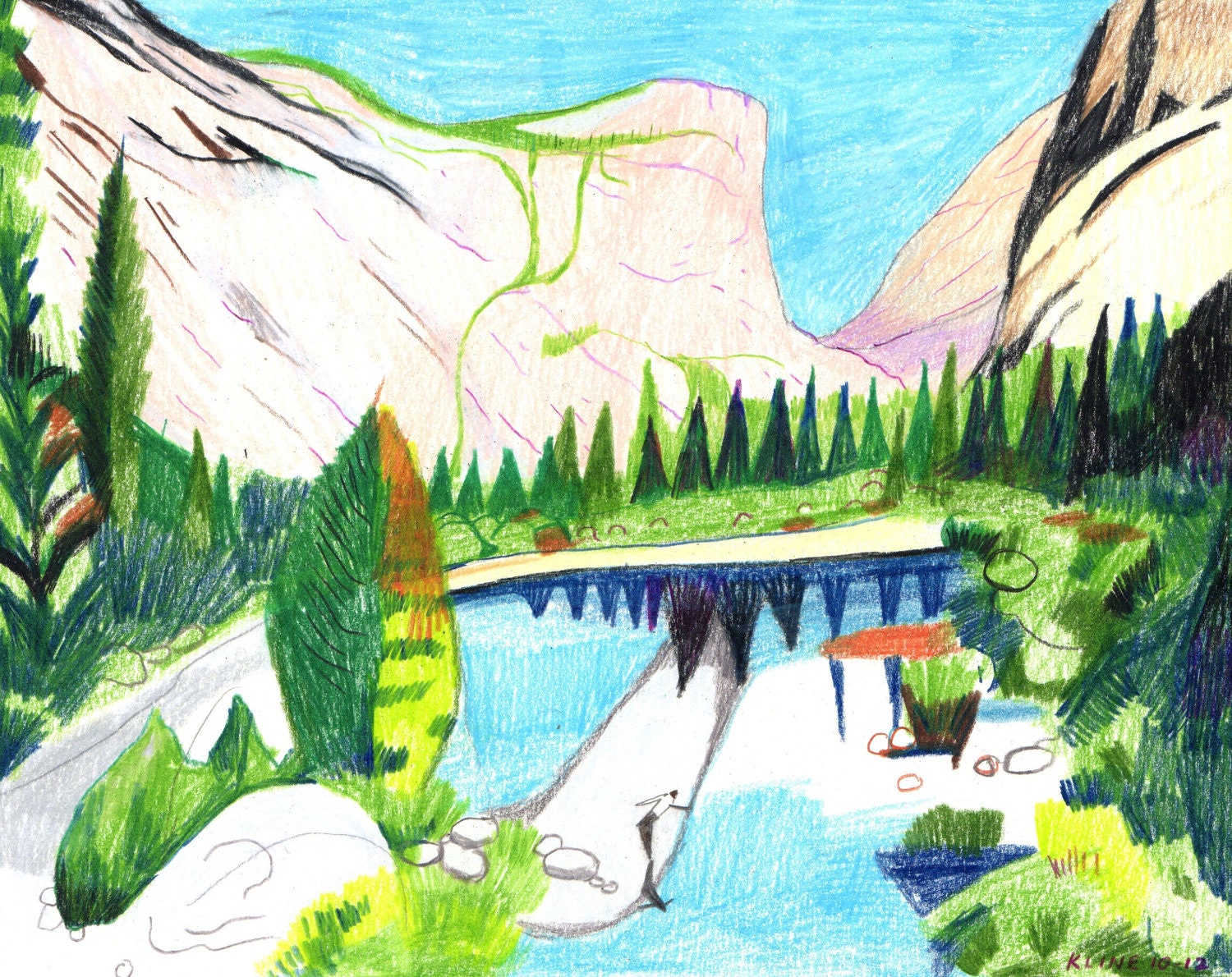 Colored Pencil Drawing. Yosemite National Park - Mirror Lake and Mt. Watkins, Yosemite Valley. 8" x 10" Framed and Ready to Hang