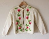 Vintage 1950's Fuschia Flower and Green Vine Hand Loomed Cream Wool Cardigan