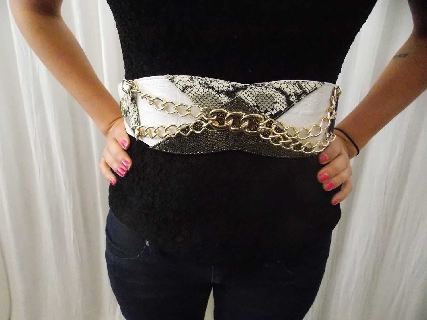 Vintage White High Waist BELT - Gold Chains, Faux Snake, Alligator & Shark Skin, Statement