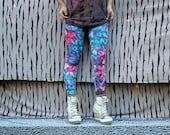 Printed Spandex Leggings, Louis Vuitton text Cyan Magenta Print