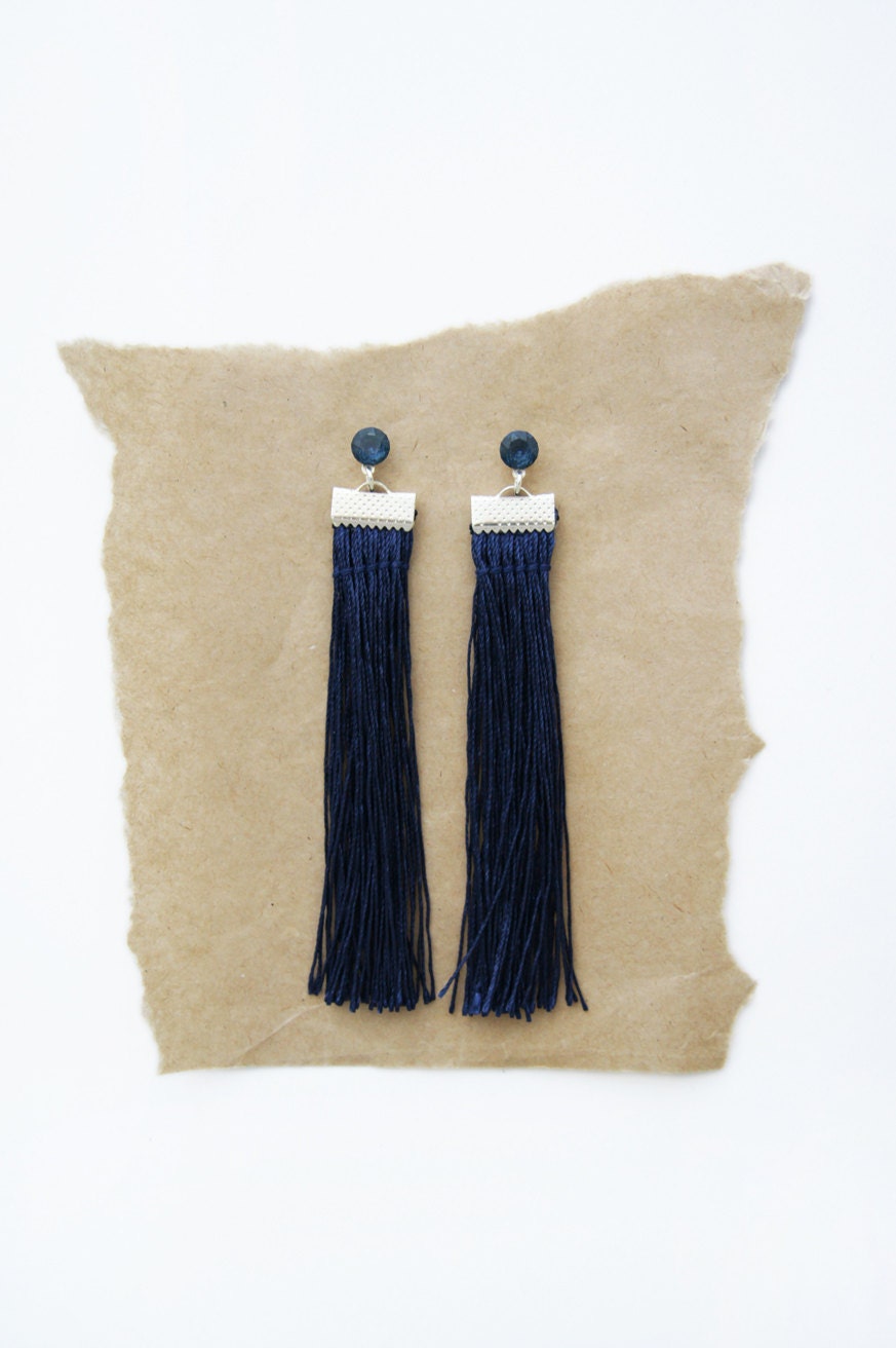 Fringe and Swarovski Crystal Earrings in Navy