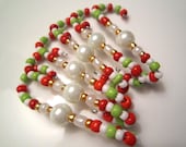 6 Beaded Ornament Hangers - Seuss Style Candy Cane Red, White & Lime Green with Pearls