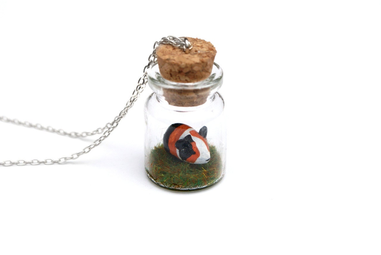 Miniature Guinea Pig Jar Necklace - miniature guinea pig sat on a bed of grass inside a glass jar, on a 16 inch chain.