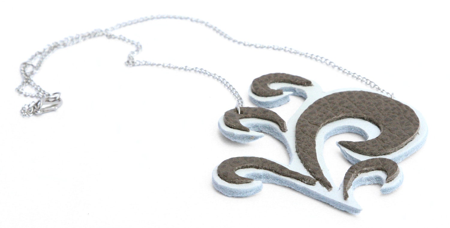 White and Gray Leather Swirl Necklace