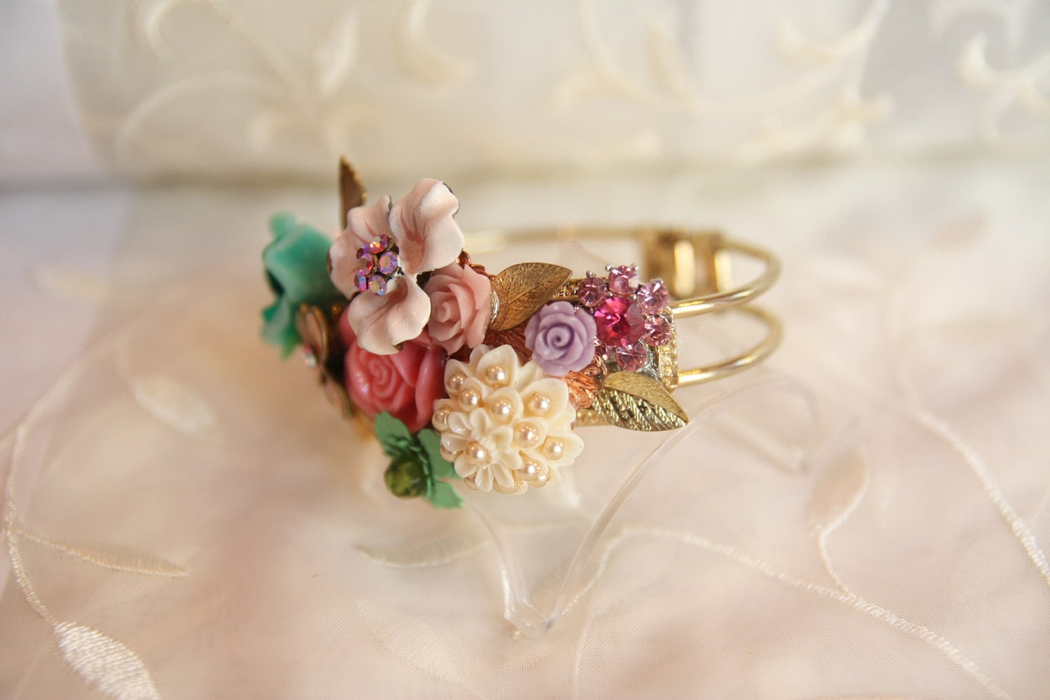 Wedding Jewelry Bracelet,Handmade Shabby Chic,Floral Bouquet Cuff,Bridal Bracelet,Vintage Style,Colorful Wedding Cuff,Gold Bracelet,OOAK