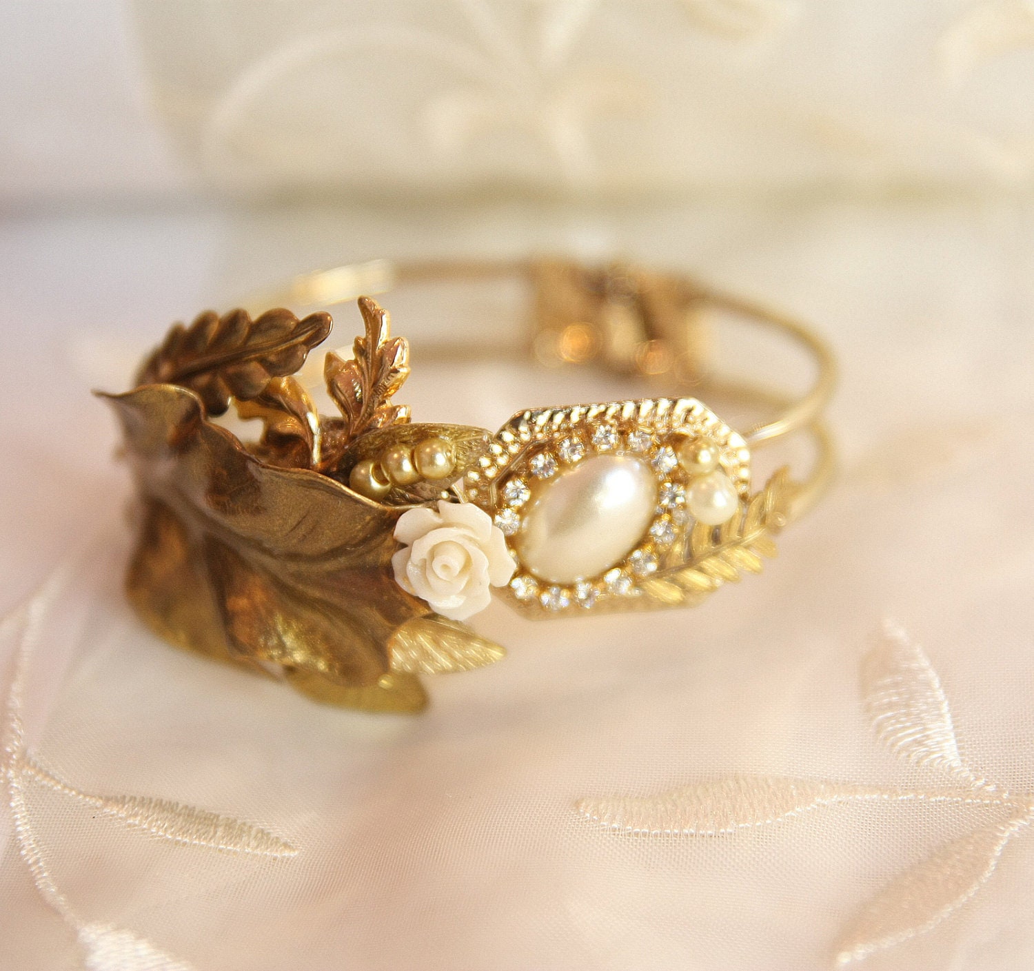 Bridal Bracelet, Wedding ,Greek Goddess, Romantic, Golden,Antique,Pearls And Rhinestone, Botanical, Real Vintage Leafs, Venice Collection