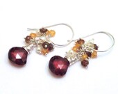Dark Red Zircon Earrings, Colorful Wire Wrapped Gemstone Cluster Earrings, Fall Drop Earrings