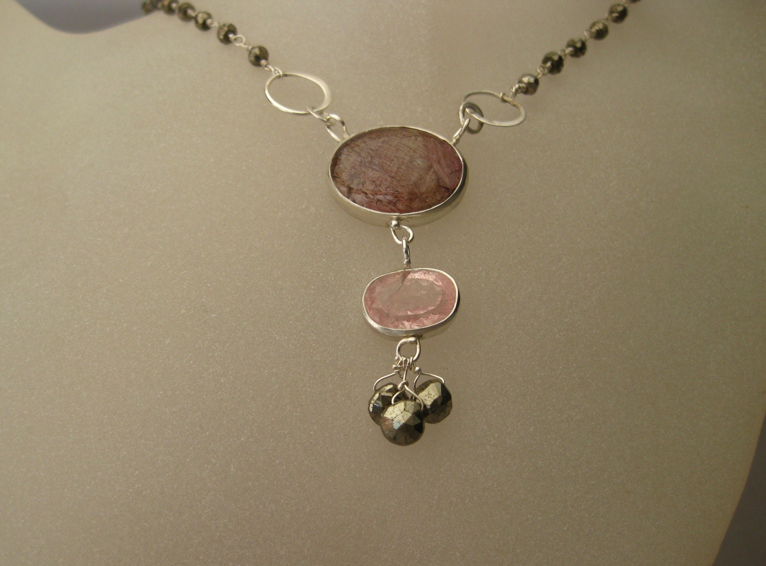 Rare Rutile Amethyst Pink Morganite & Pyrite Pendant Necklace