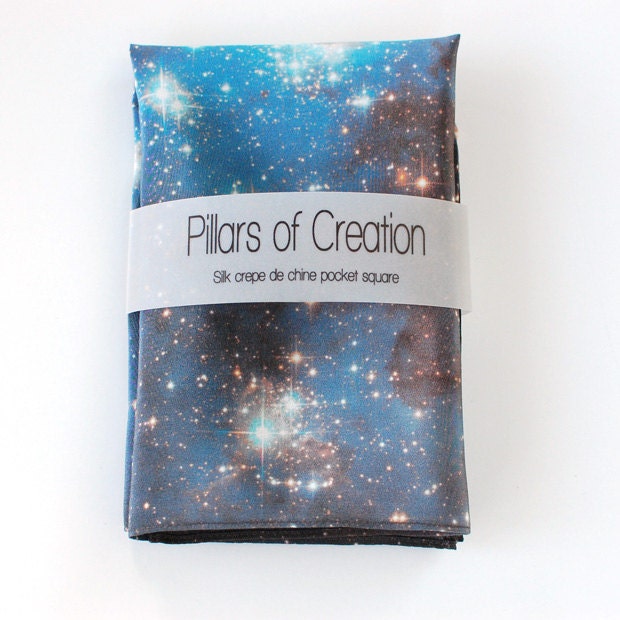 Galaxy Nebula Print Silk Pocket Square "Blue Haze" Wedding Stars Space