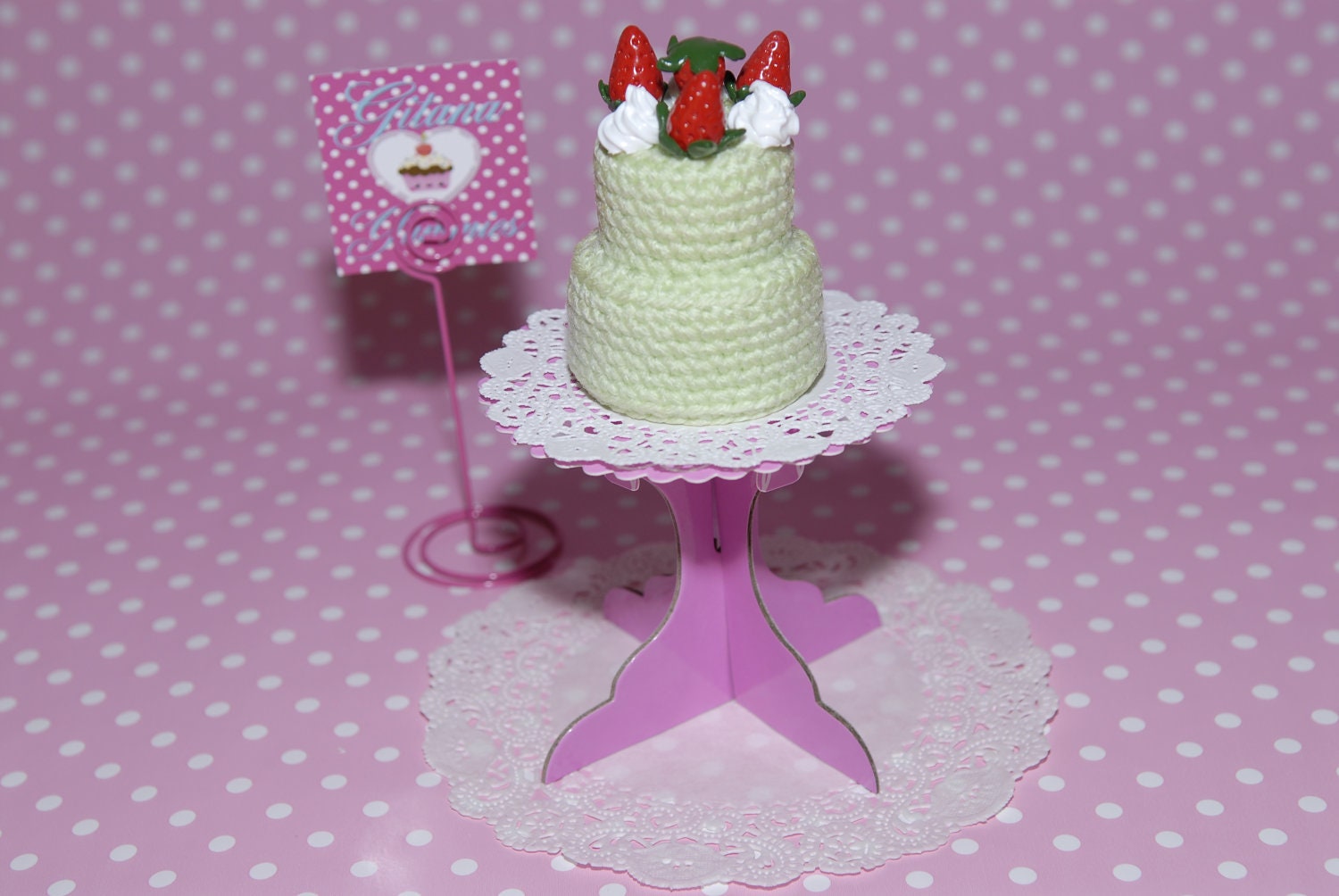Pincushions-Strawberry Two Tier Pincushion Cake - Crochet Pincushions- Green- Kawaii- Crochet Cakes- Pincushions Food-Polymer Clay