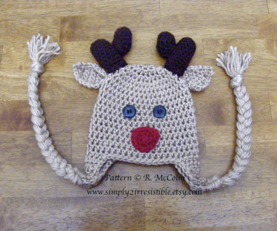 Rudolph and Clarisse Hat - Crochet Pattern 28 - us and uk Terms -  Beanie and Earflap - Newborn to Adult - INSTANT DOWNLOAD