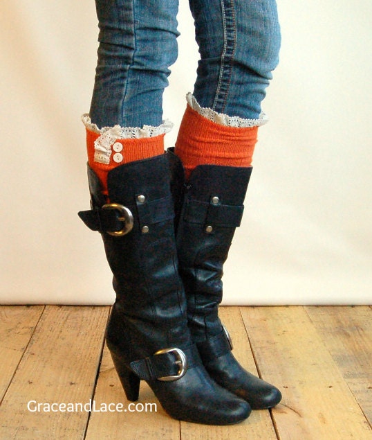 SALE SALE The Milly Lace -Tangerine Cable-knit Boot Socks w/ Ivory Lace Ruffle & buttons (item no. 5-20)