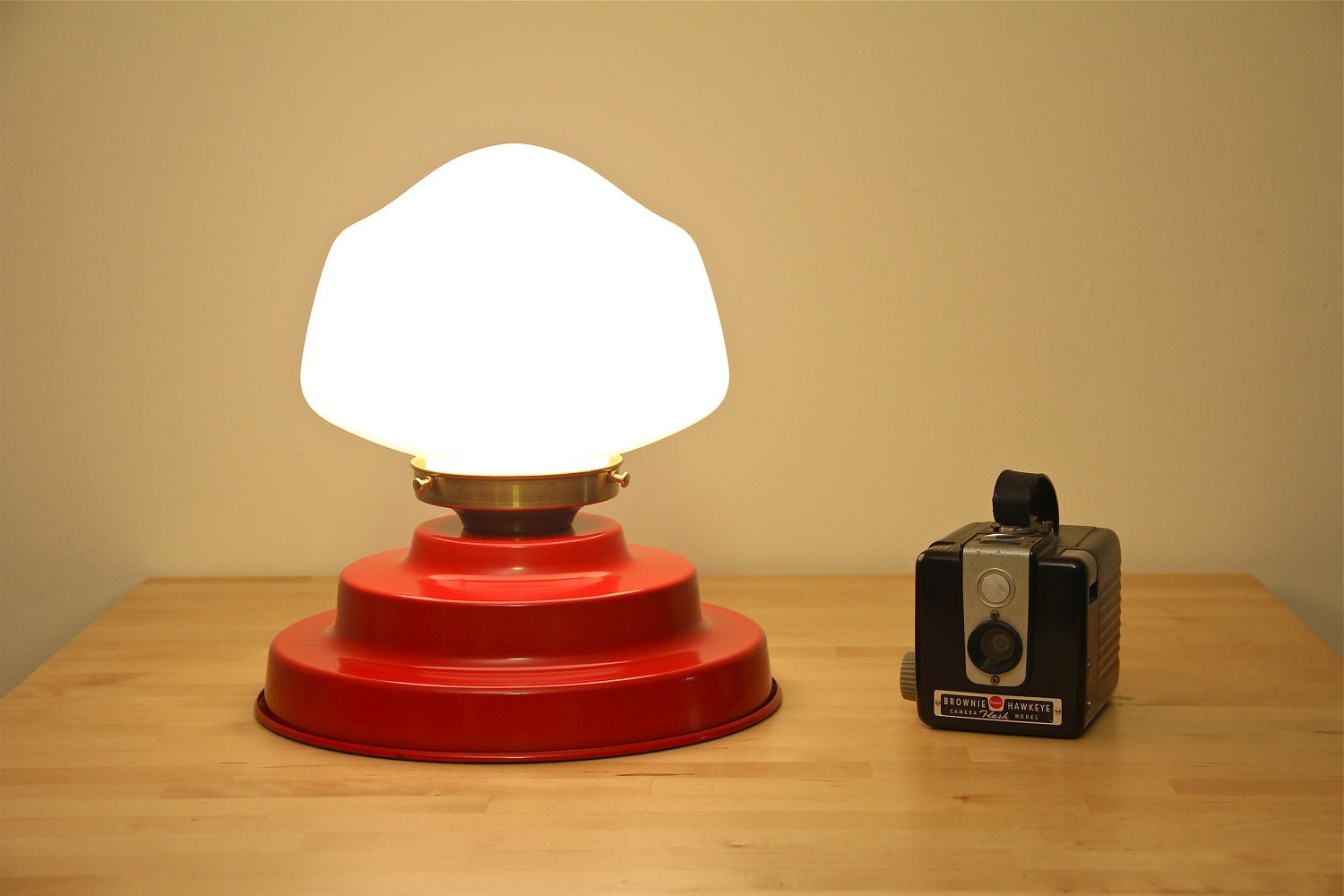 Unique Tiered Pan Lamp Upcycled Vintage Red - Glass Schoolhouse Shade