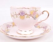 Vintage Pink Tuscan Teacup Bone China Footed Floral Design Made in England Gold Trim - LeVintageGalleria