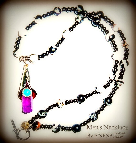 Necklace For Men " Faithful and Hopeful" Zebra Jasper Fire Opal, Sterling Silver, Amethyst, & Hematite