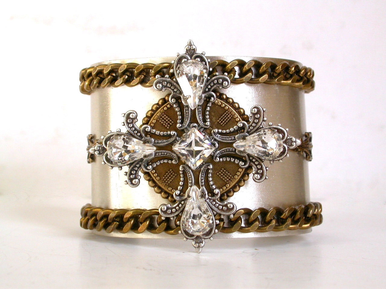 Celtic Cross Gothic Cuff Bracelet -  Swarovski Crystals on Silver and Brass Bracelet - Gothic  Women Jewelry