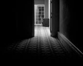 8x10 - Dark Passage - Black and White Noir, Photo Wall Art, Surreal, Minimalist Decor, Classic Horror Inspired, Single Light Hallway