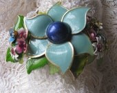 Hand Crafted By ME Vintage Victorian Blue Floral Rhinestone Garden Costume Jewelry Bracelet Cuff