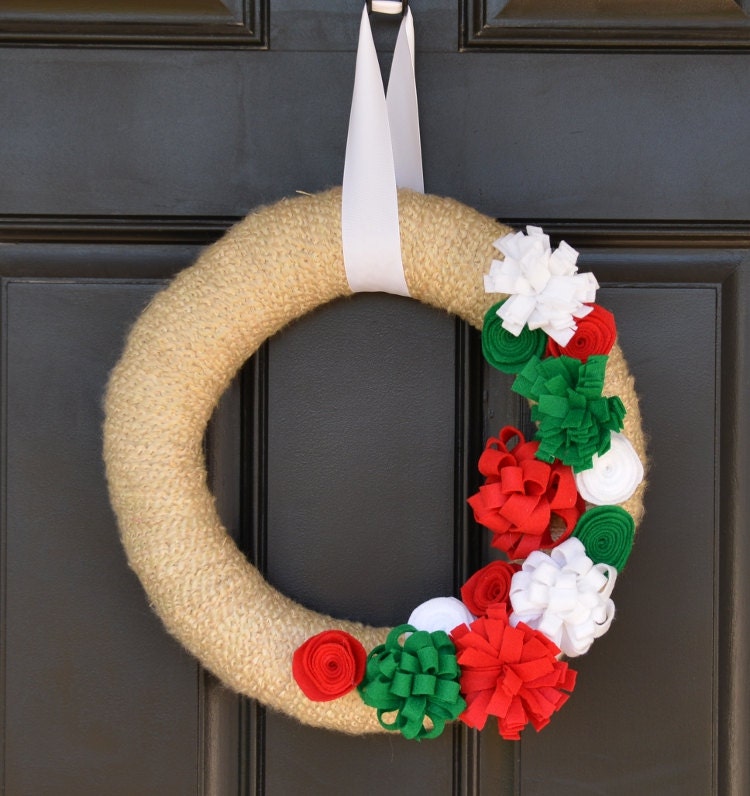 Christmas Yarn Wreath in Cream with Red, Green, and White - Handmade Holiday Wreath - Christmas Wreath