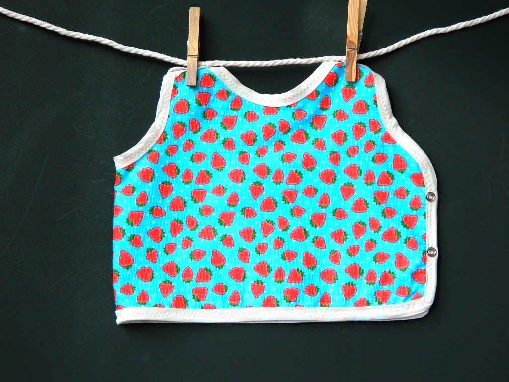 Strawberry Print Bib Red Teal Seersucker Fabric Reversible 12 Month Girl