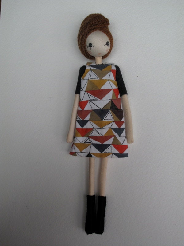 Penelope, ooak small art doll wearing a hand painted 60s mini dress.