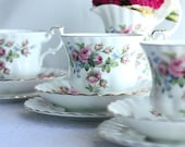 Classic Royal Albert tea set: "Moss Rose" tea cup, saucer and plate, a lovely set to enjoy your special cup of tea
