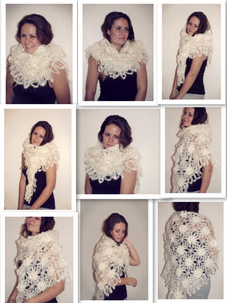 ivory  crochet mohair scarf , crochet floral scarf