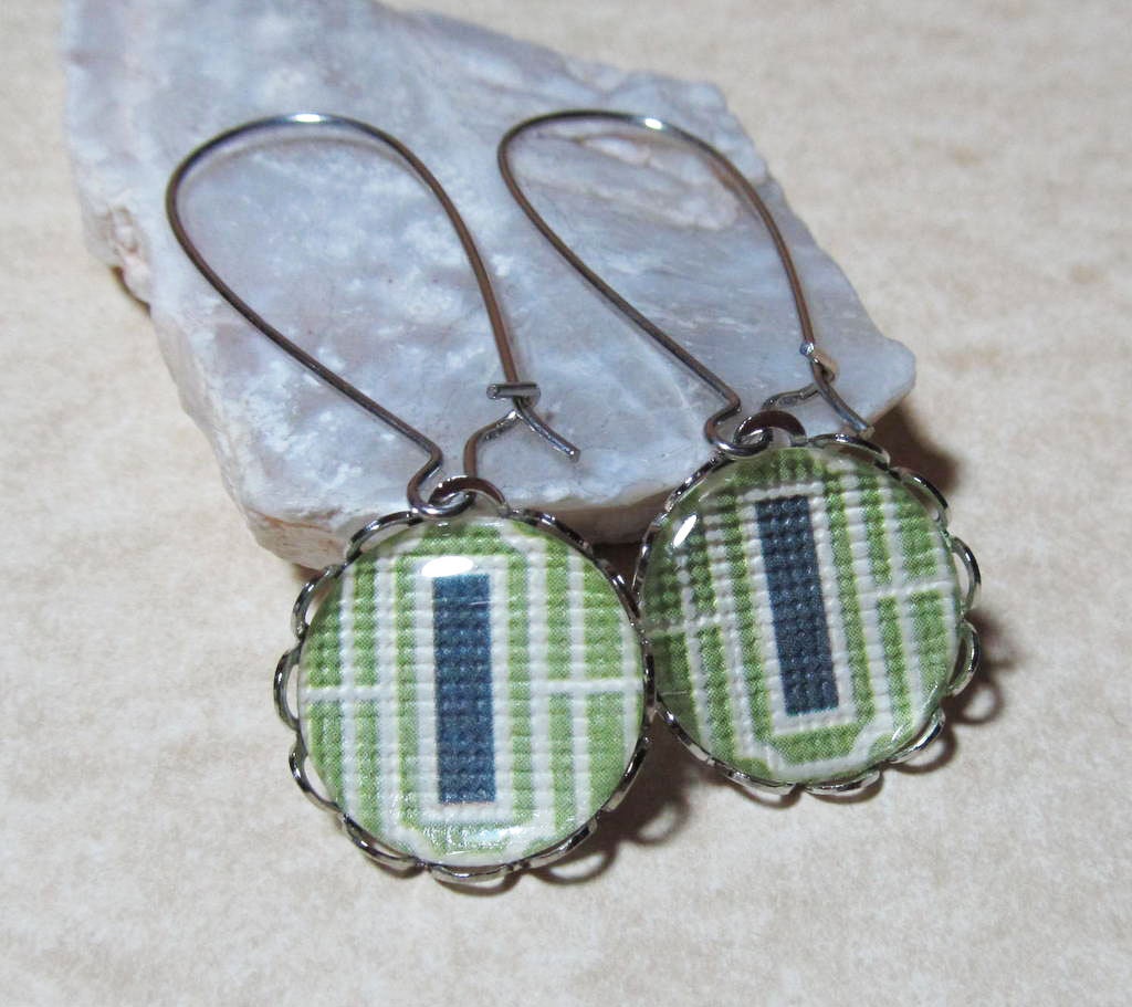 Dangle Drop Earrings - Slate Blue, Light Olive Green, and White Retro Rectangle Paper Print in Lace Bezel - Platinum Tone Over Brass