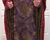 Antique Red Velvet Ceremonial Mens Lodge Robe Purple Tapestry Medieval Scorcer Costume Vintage Metal Tassels Metal Embroidered Leaf Detail